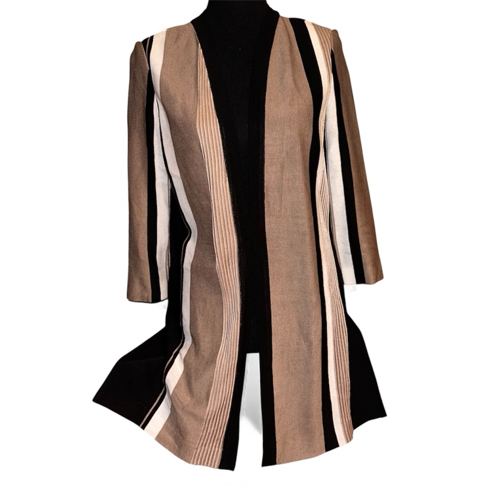 Misook Black and Tan white striped long cardigan size medium